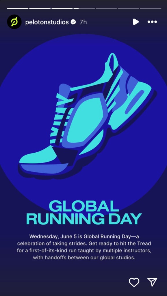 @PelotonStudios Instagram Story announcing Global Running Day classes.